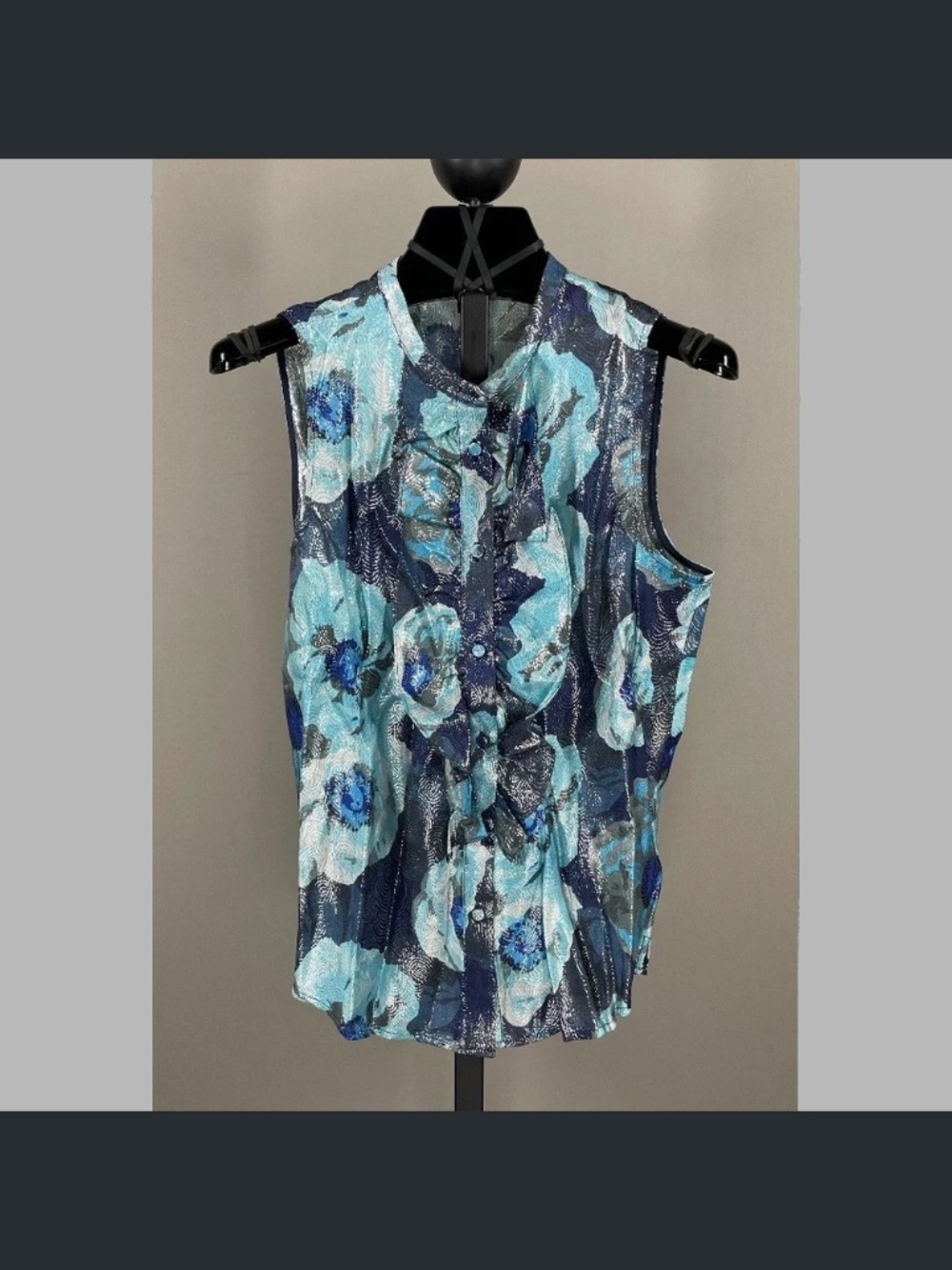 NEW J Crew Shirt Womens XS blue black silver floral ruffle button up blouse